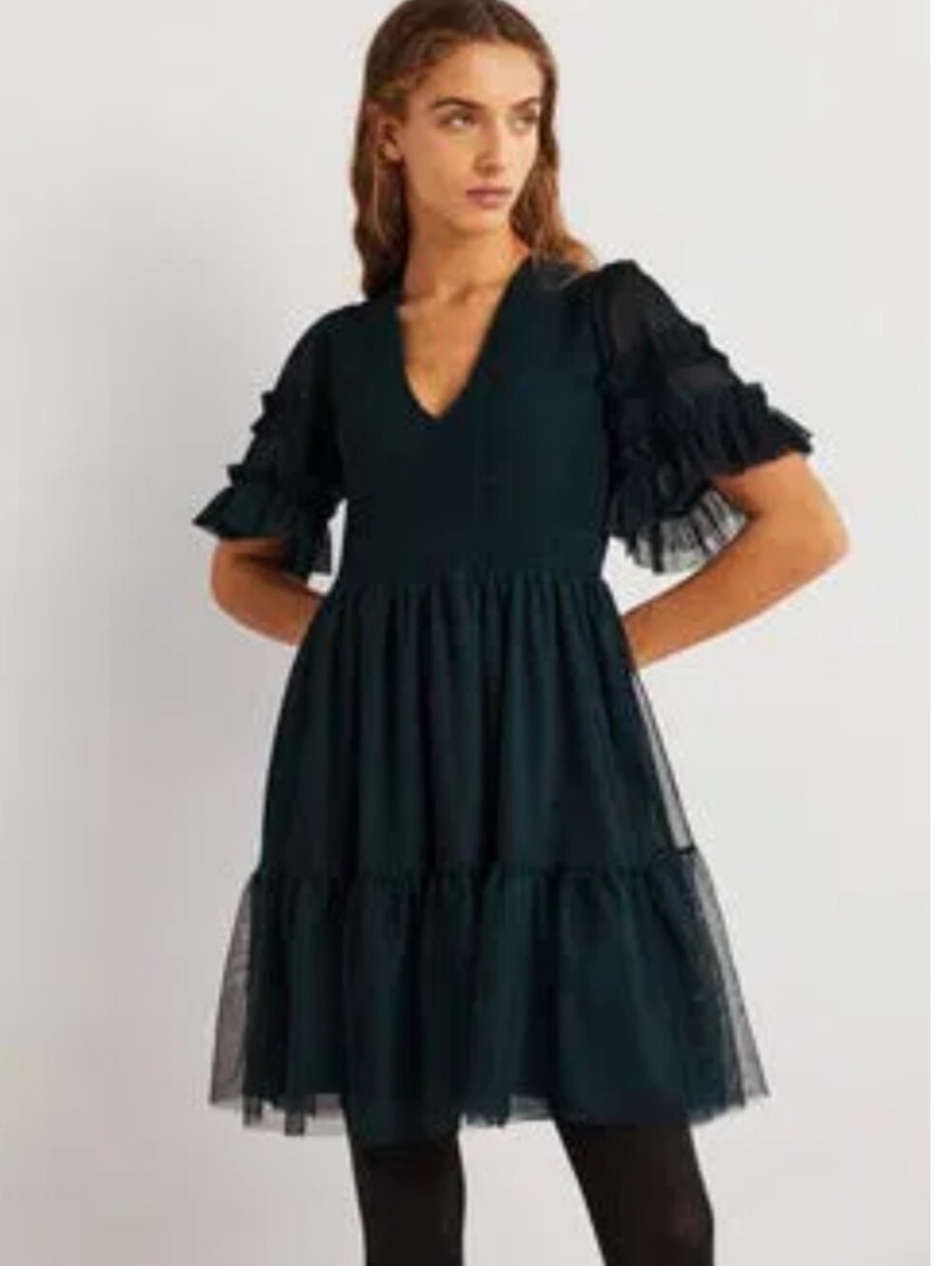 Boden Smocked Tulle V-Neck Ruffle Sleeve Mini Dress